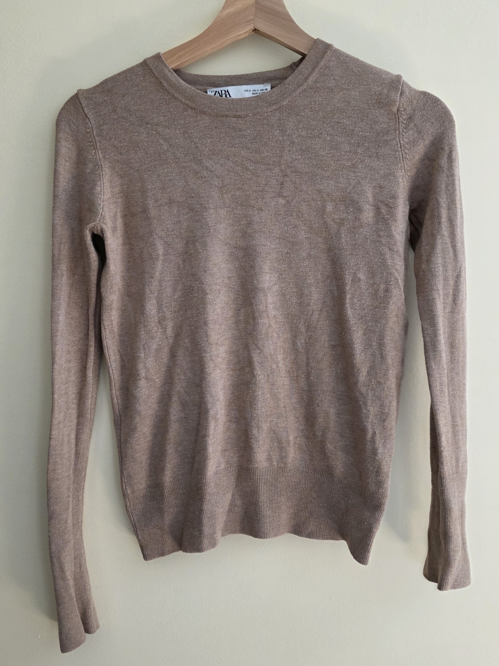 Zara Women's Taupe Crewneck Sweater With Gold Button Cuff Details